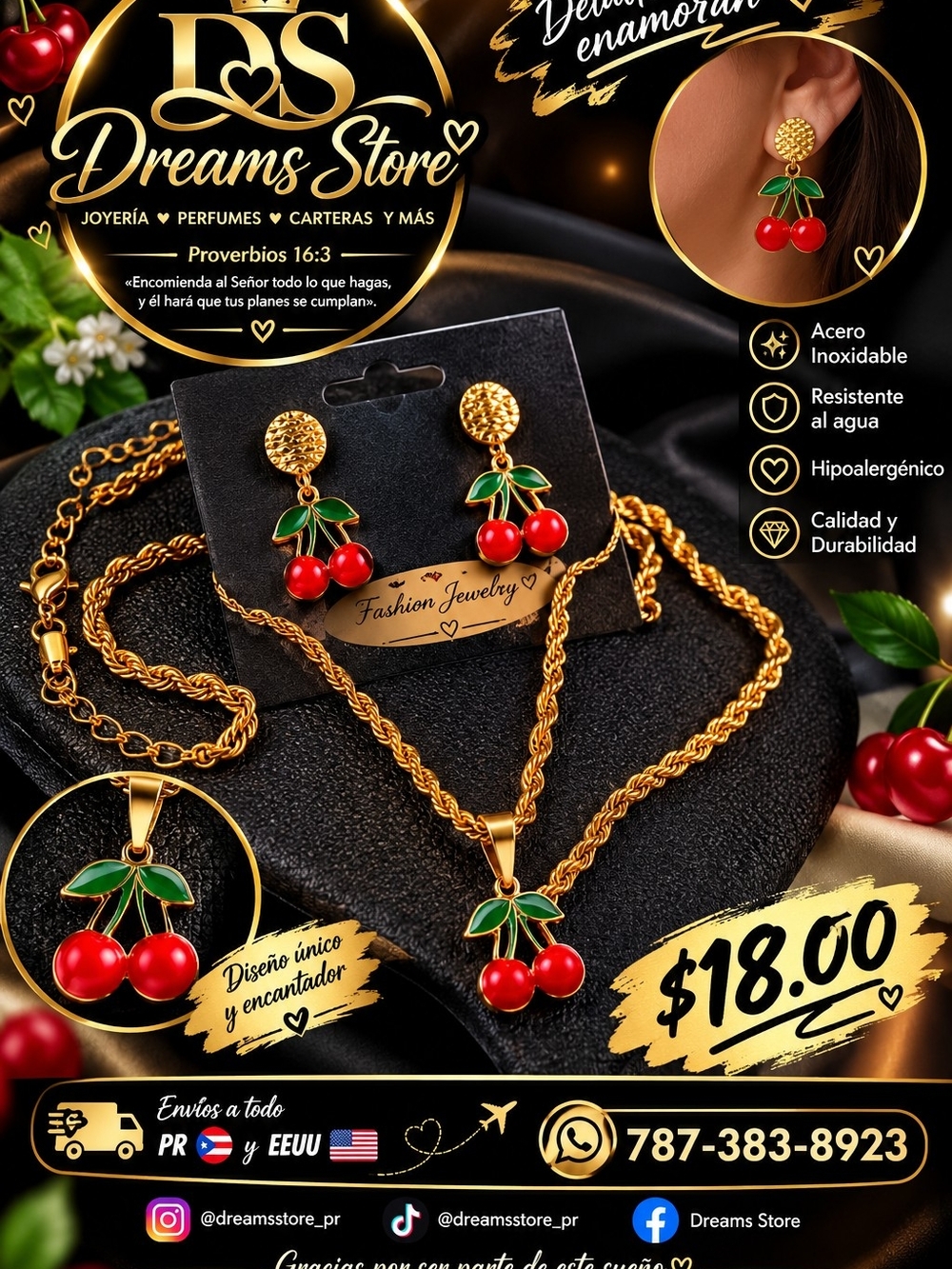 Gold Cherry Pendant Necklace & Earrings Set - Red & Green